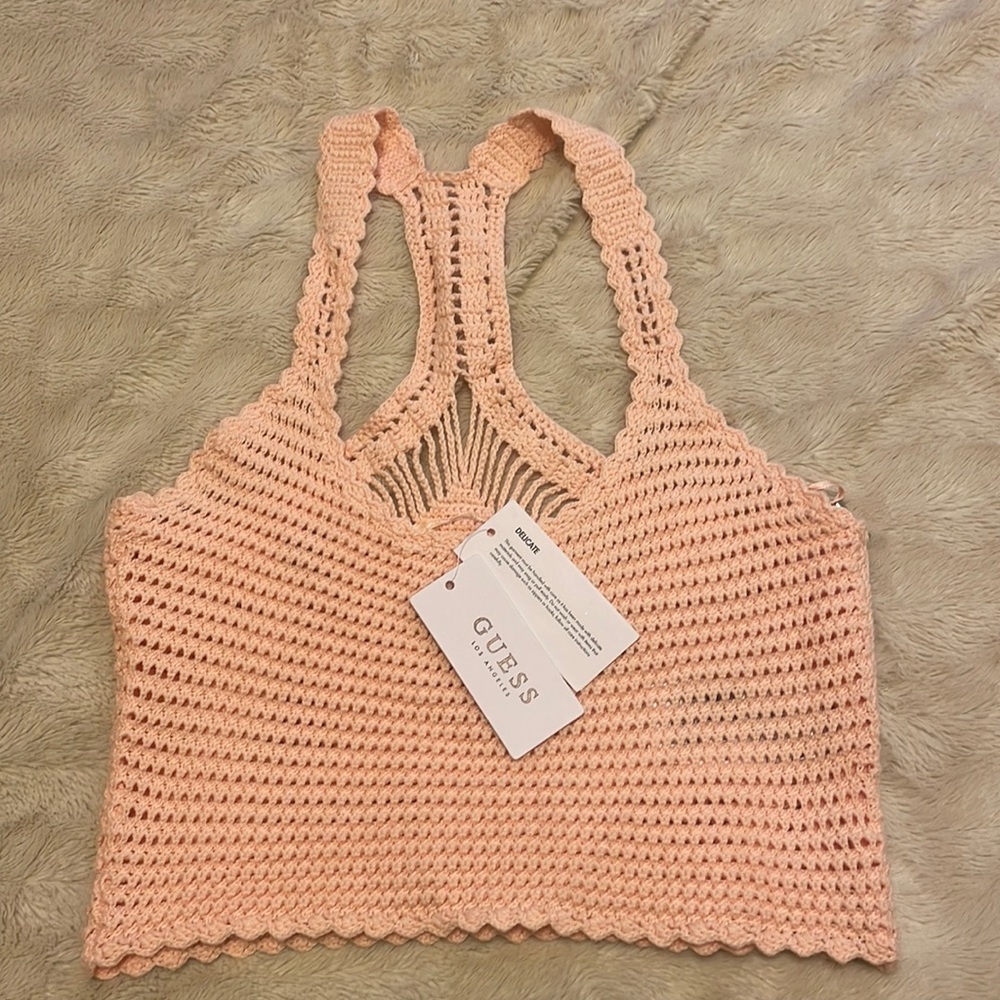 GUESS Womens CAITLIN CROCHET Cami Tank Top, Pink, Medium